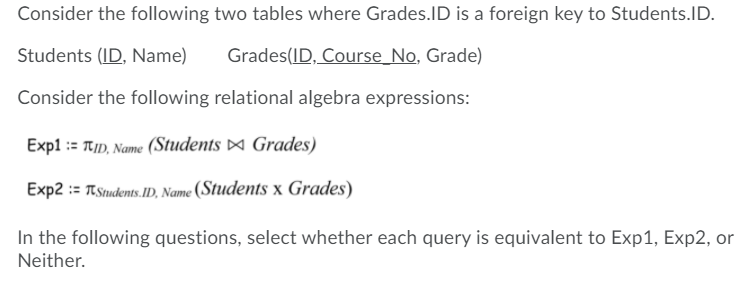 Solved Consider The Following Two Tables Where Grades.ID Is | Chegg.com