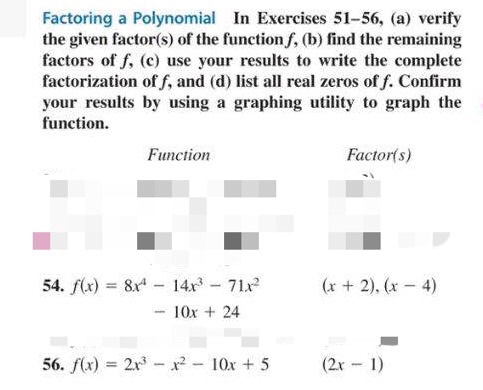 Solved Factoring a Polynomial In Exercises 51-56, (a) verify | Chegg.com
