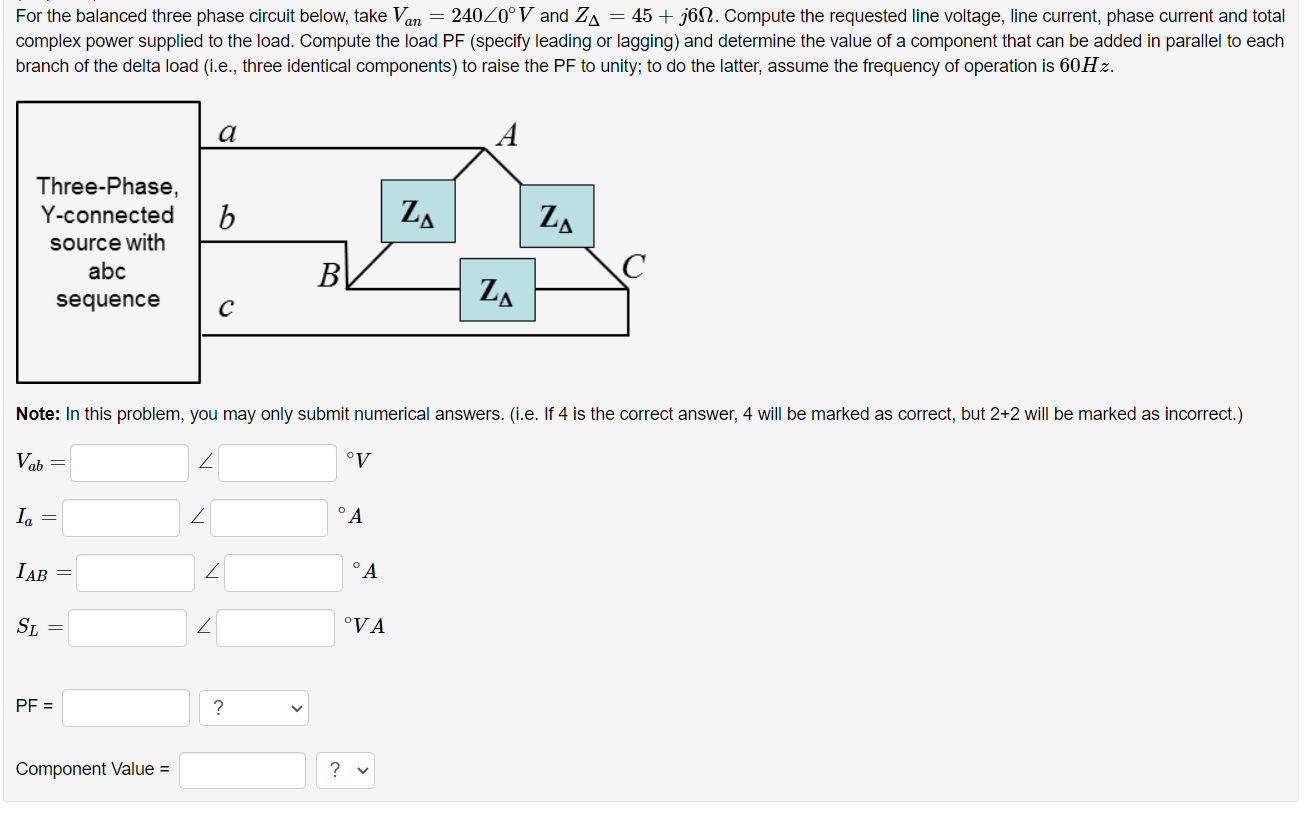 Solved For the balanced three phase circuit below, take Van | Chegg.com