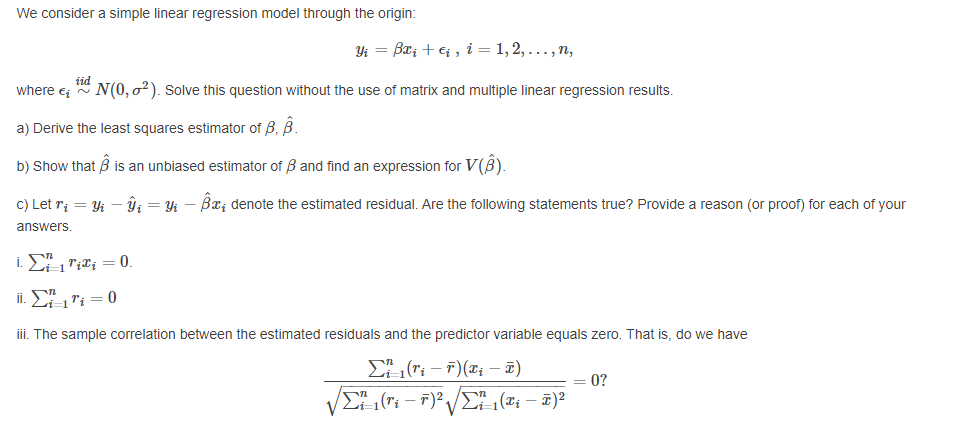 Solved We consider a simple linear regression model through | Chegg.com