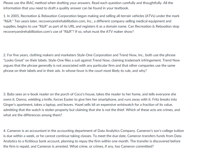 Solved Please Use The Irac Method When Drafting Your Chegg Solved Please Use The Irac Method When Drafting Your Chegg