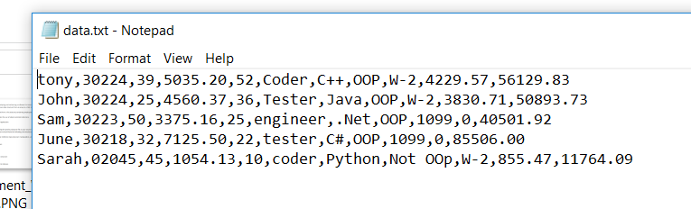 data.txt - Notepad File Edit Format View Help tony, 30224,39,5035.20,52, coder, C++, OOP, W-2,4229.57,56129.83 John, 30224,25