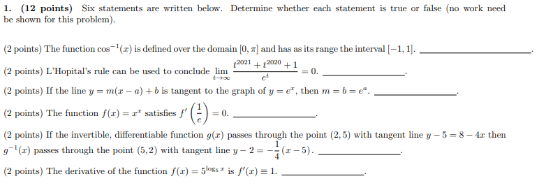 Solved 1. (12 points) Six statements are written below. | Chegg.com