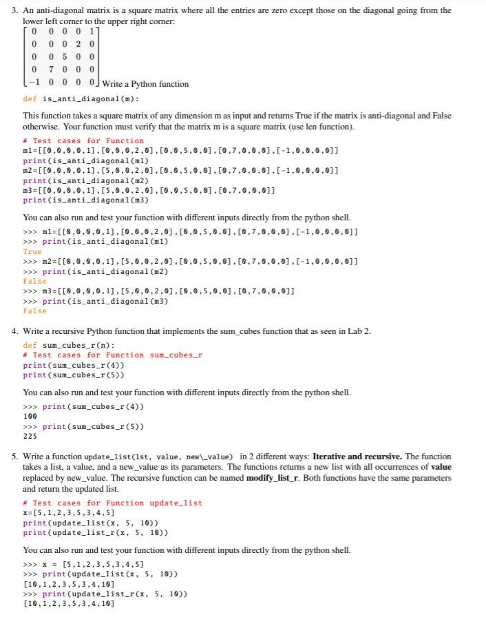 Solved 0 0 0 0 -1 3. An anti-diagonal matrix is a square | Chegg.com