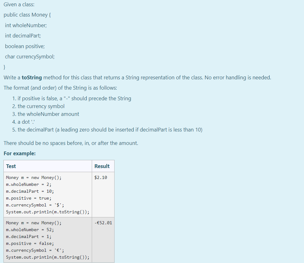 Solved Given a class: public class Money { int wholeNumber; | Chegg.com