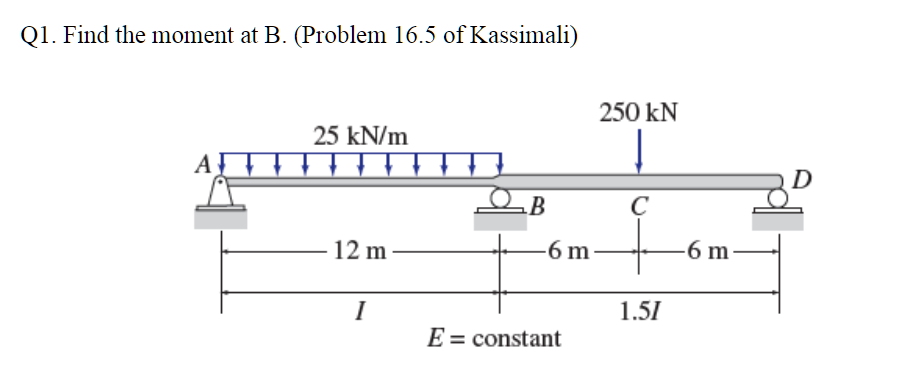 Solved Q1. Find The Moment At B. (Problem 16.5 Of Kassimali) | Chegg.com