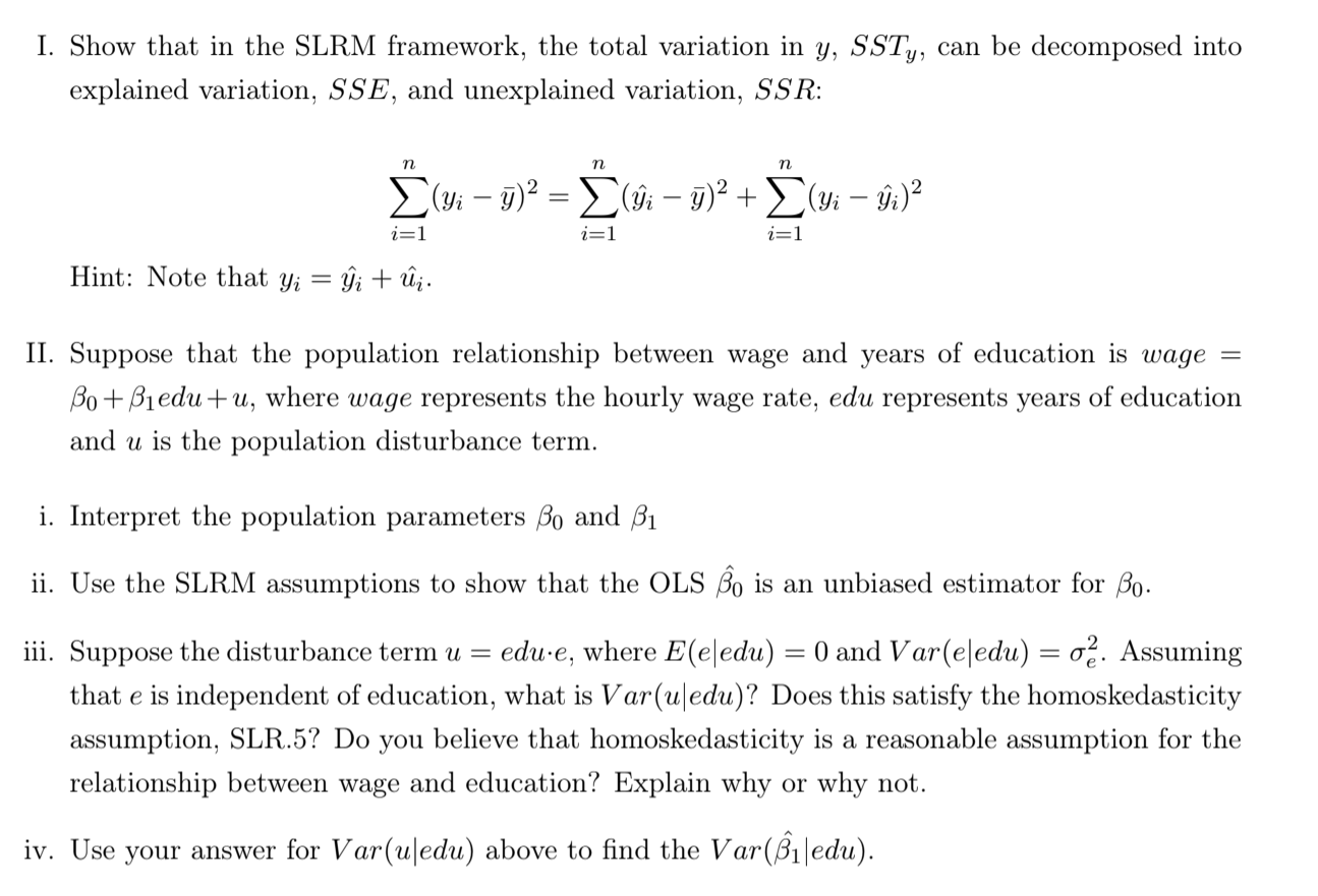 Slrm Output Example Statistics Solved I. Show that in the SLRM framework, the total | Chegg.com