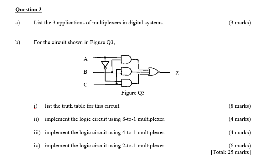Solved Question 3 a) List the 3 applications of multiplexers