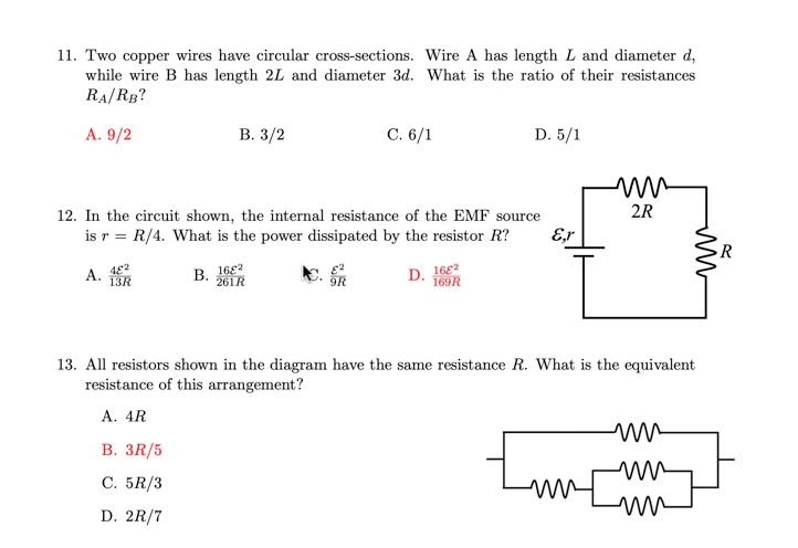 Solved 11. Two Copper Wires Have Circular Cross-sections. | Chegg.com