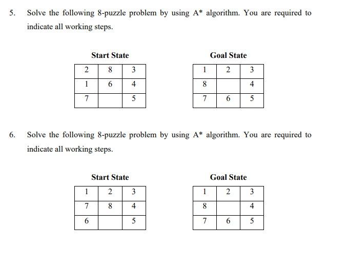 Solved 5. Solve the following 8-puzzle problem by using A* | Chegg.com