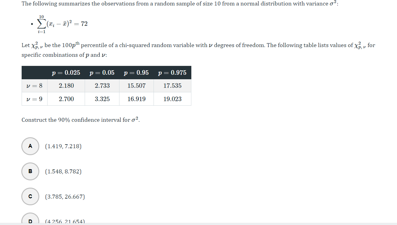 Solved - ∑i=110(xi−xˉ)2=72 Let χp,ν2 be the 100pth | Chegg.com