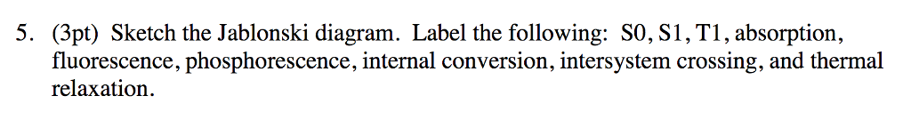 Solved 5. (3pt) Sketch the Jablonski diagram. Label the | Chegg.com