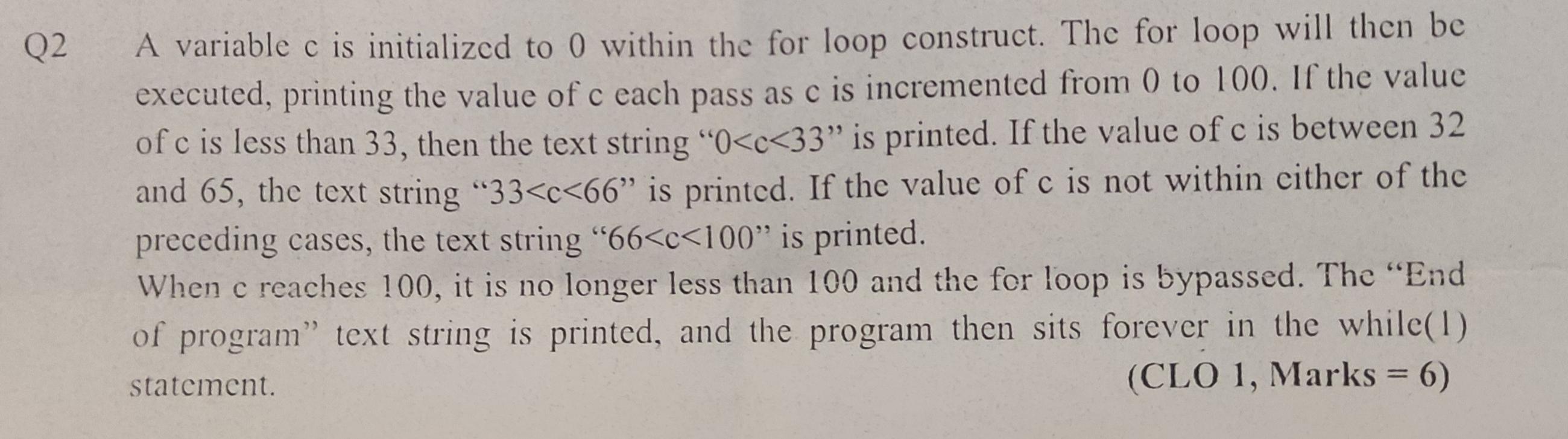 Solved Q2 A variable c is initialized to ( within the for | Chegg.com