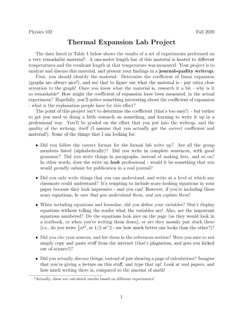 Physics 102 Fall 2020 Thermal Expansion Lab Project