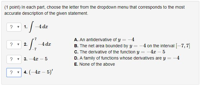 Solved (1 point) In each part, choose the letter from the | Chegg.com