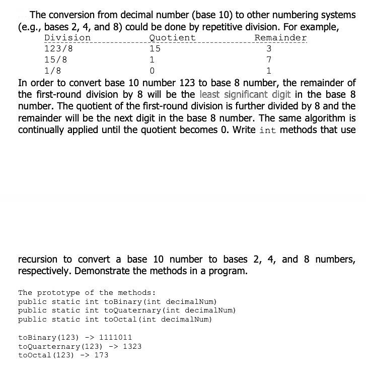 Solved The conversion from decimal number (base 10) to other | Chegg.com