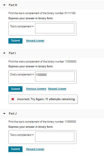 Solved Part A Find the one's complement of the binary number | Chegg.com