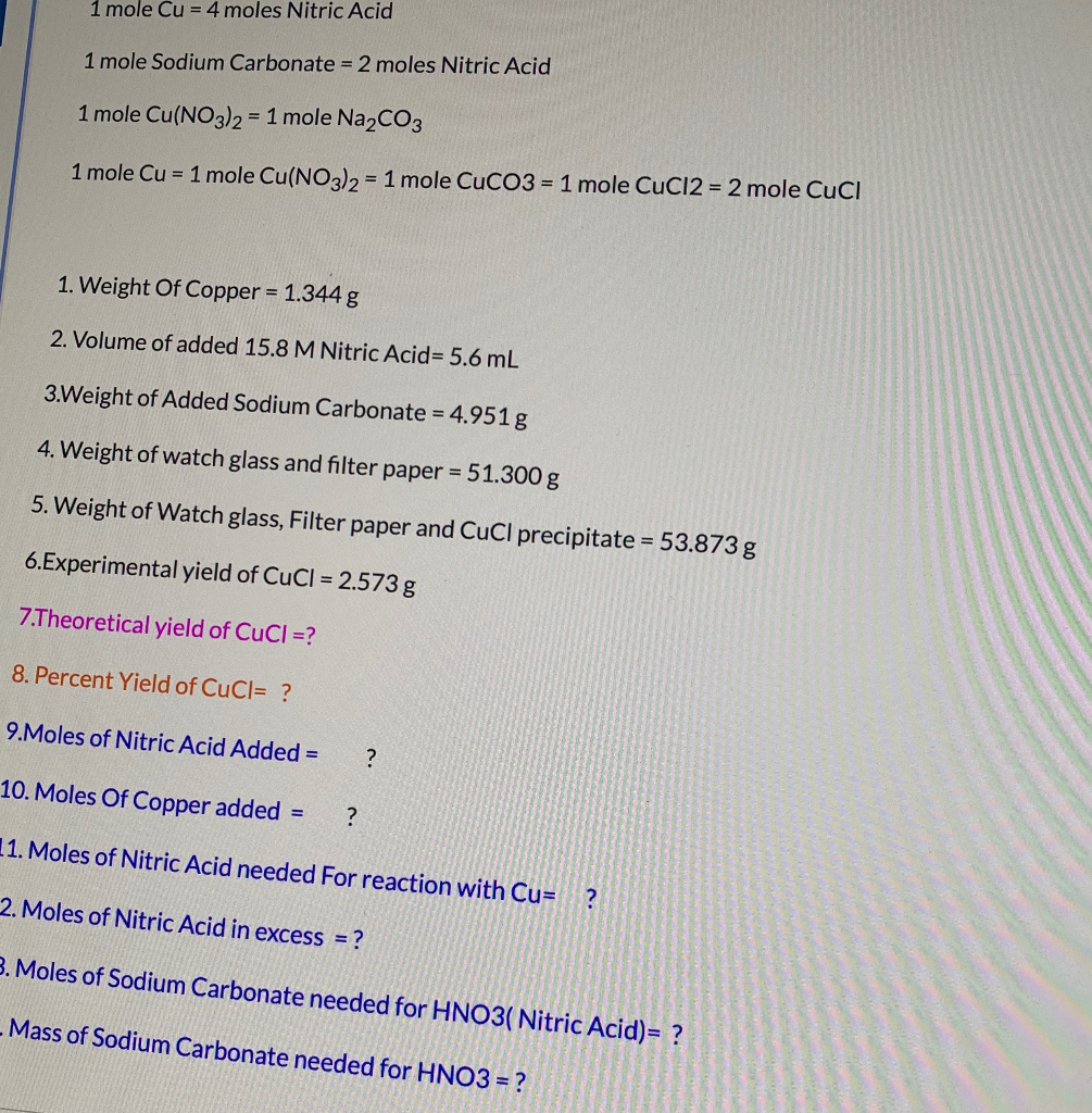Solved 1 mole Cu = 4 moles Nitric Acid 1 mole Sodium