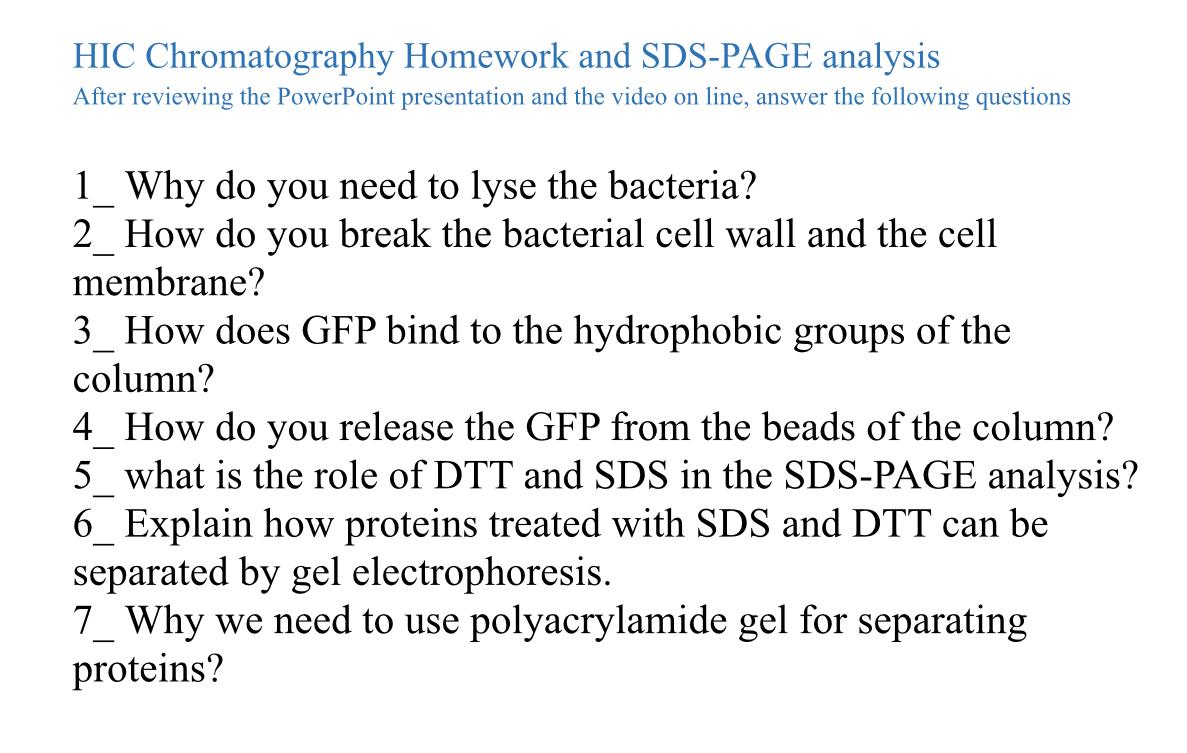 HIC Chromatography Homework and SDSPAGE analysis