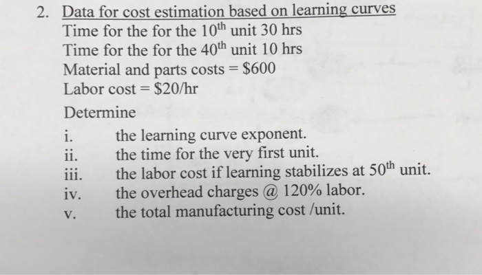Solved Data for cost estimation based on learning curves | Chegg.com