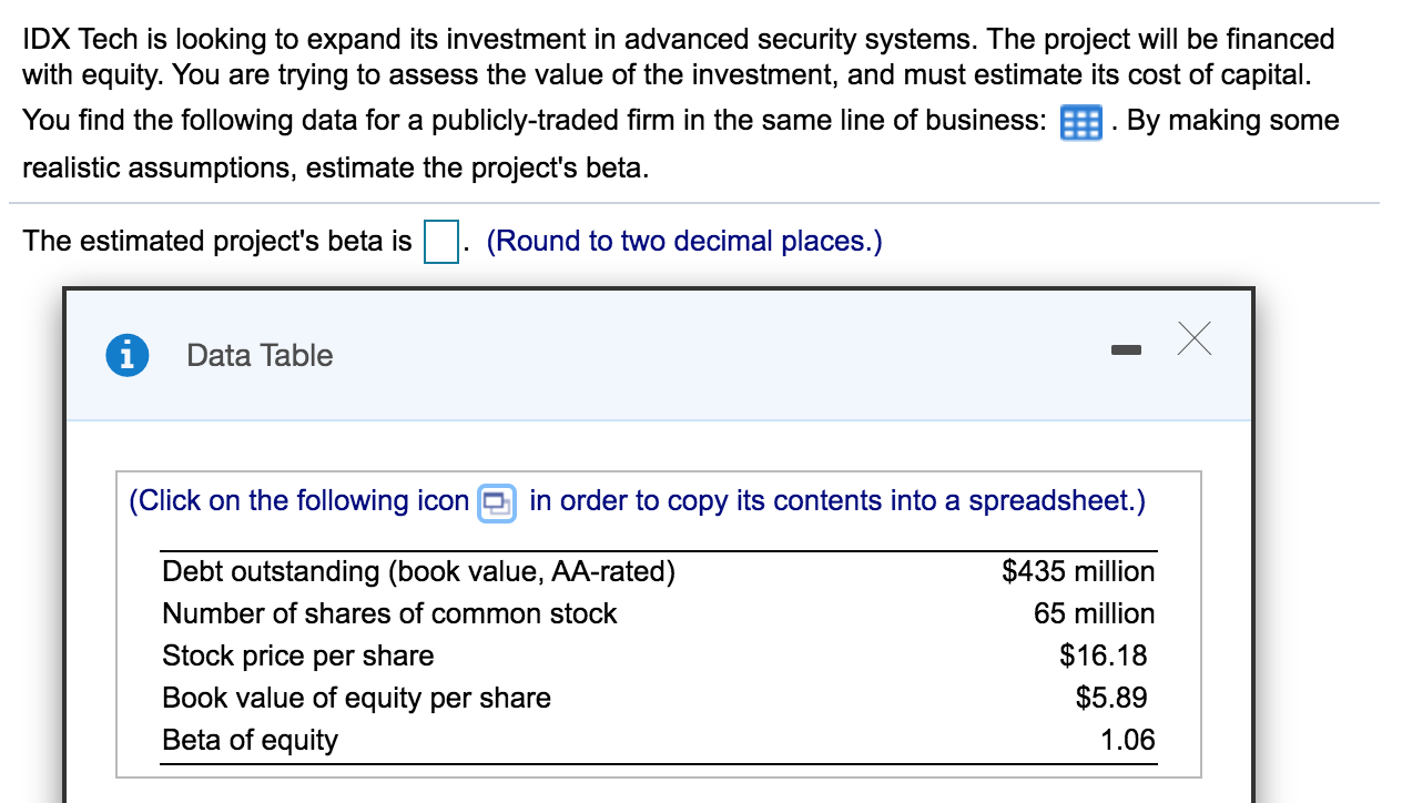 Solved IDX Tech is looking to expand its investment in | Chegg.com