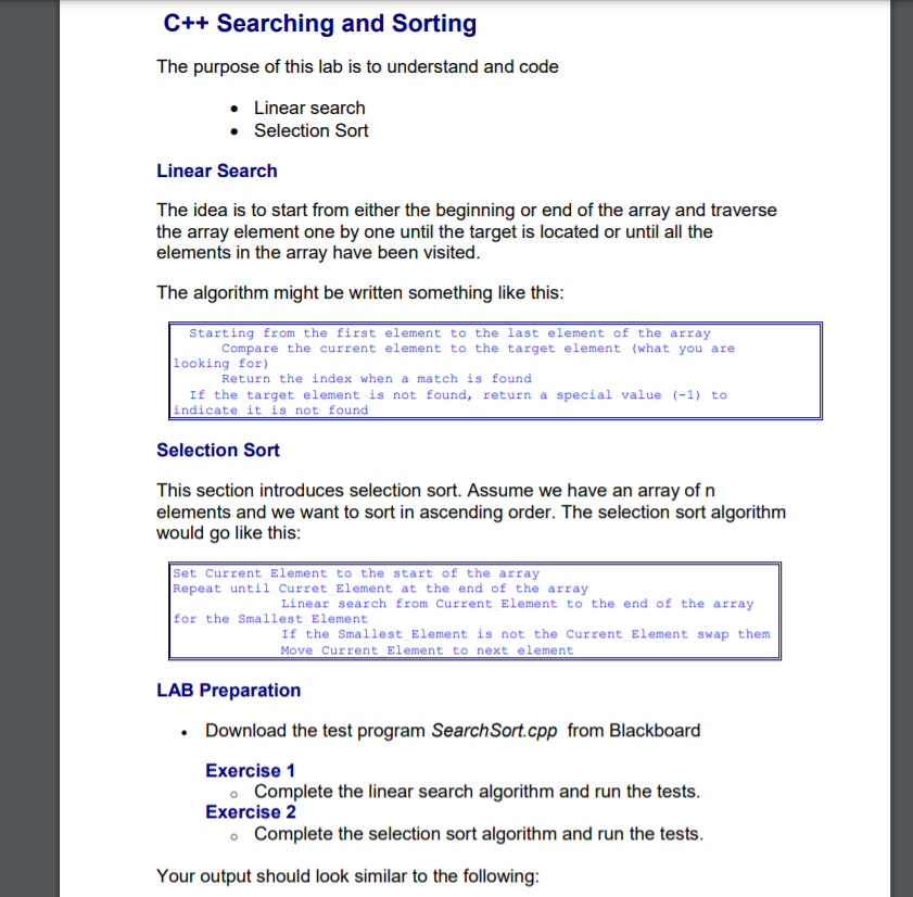 Solved C++ Searching and Sorting The purpose of this lab is | Chegg.com