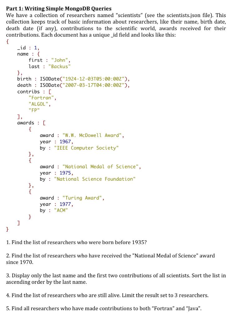 Solved In This Assignment, You Will Use MongoDB Query | Chegg.com