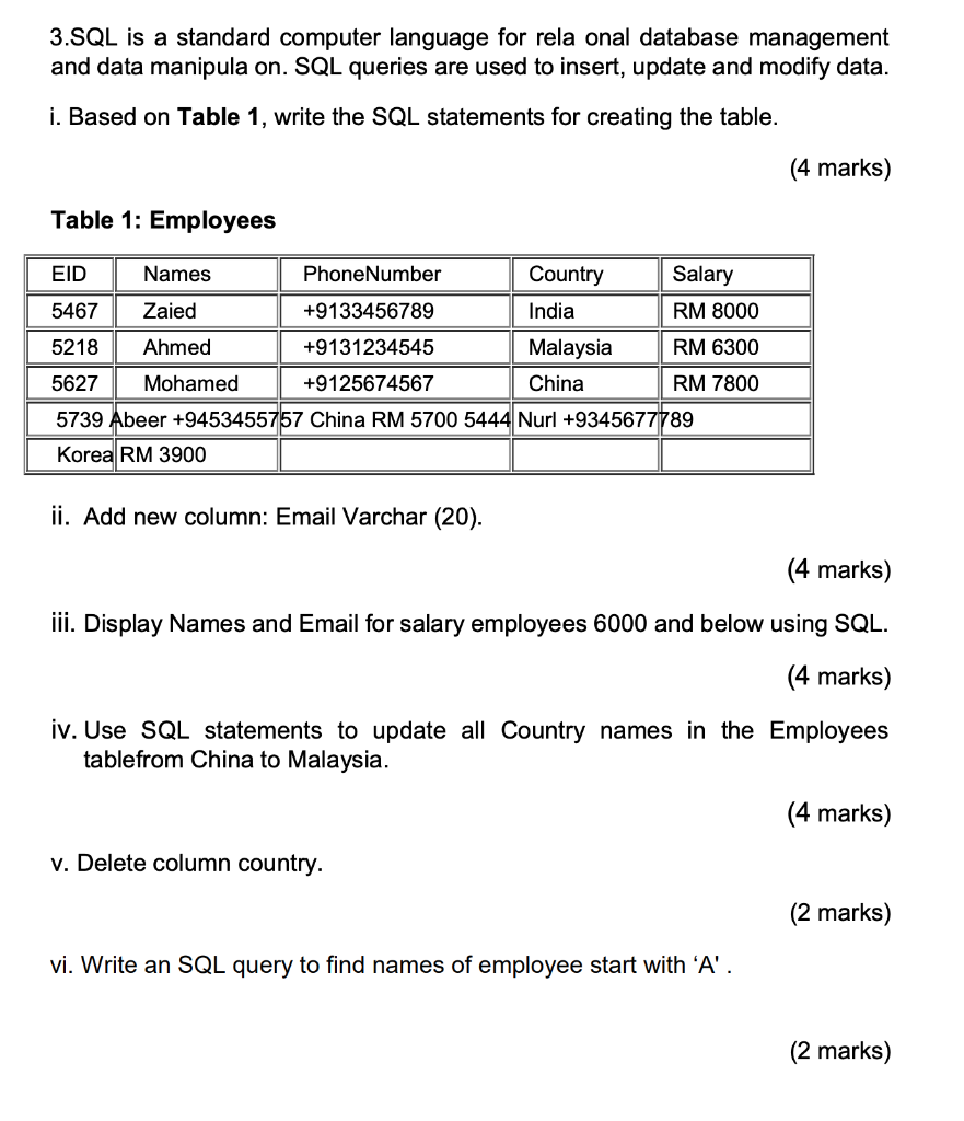Solved 3.SQL is a standard computer language for rela onal | Chegg.com