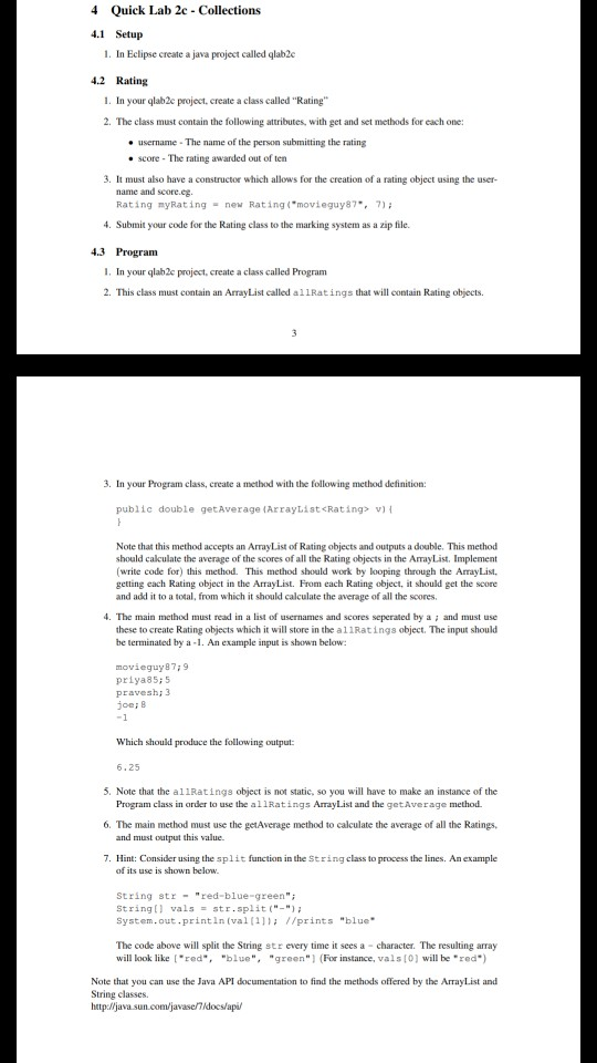 Solved 4 Quick Lab 2c Collections 4.1 Setup 1. In Eclipse | Chegg.com