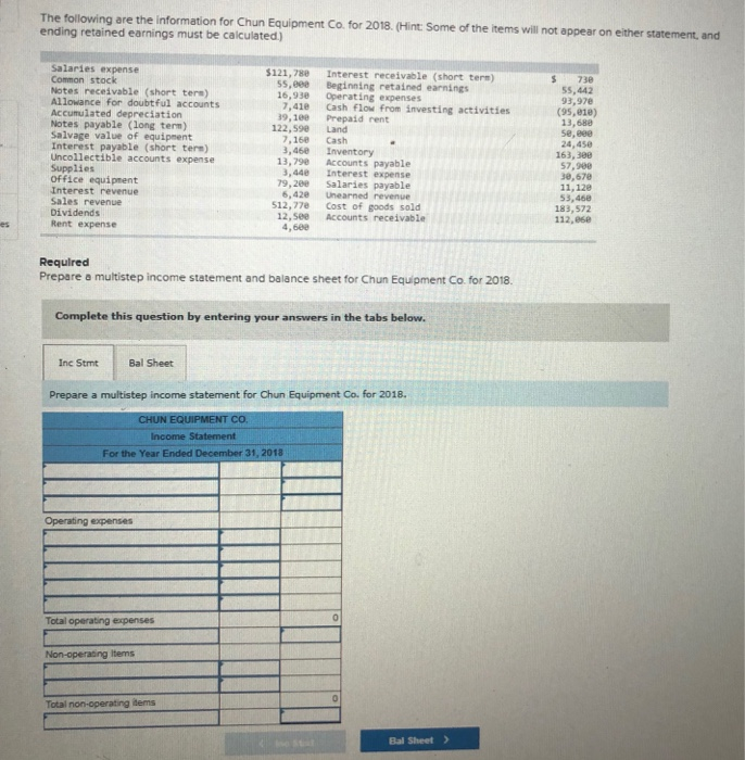 Solved are the information for Chun Equipment Co. for 2018. | Chegg.com