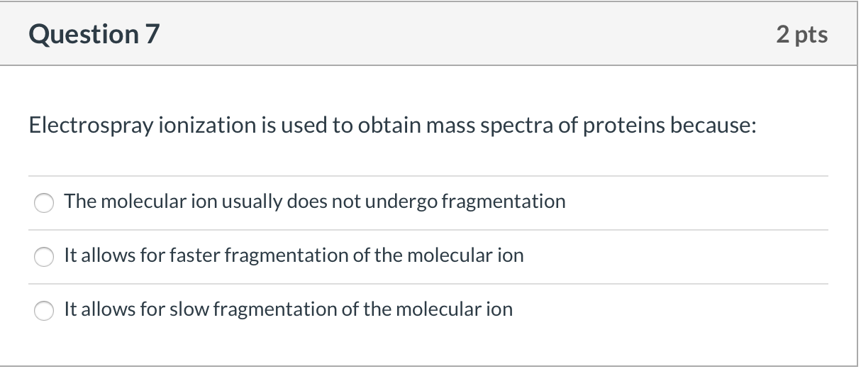Solved Question 7 2 pts Electrospray ionization is used to | Chegg.com