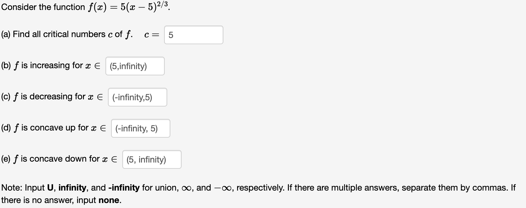 Solved Consider the function f(x)=5(x−5)2/3. (a) Find all | Chegg.com