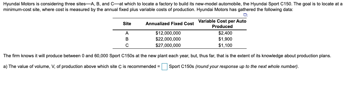 Solved Hyundai Motors is considering three sites—A, B, and | Chegg.com