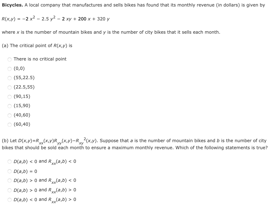 Solved R(x,y)=−2x2−2.5y2−2xy+200x+320y where x is the number | Chegg.com