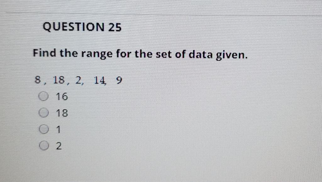 Solved QUESTION 25 Find the range for the set of data given. | Chegg.com