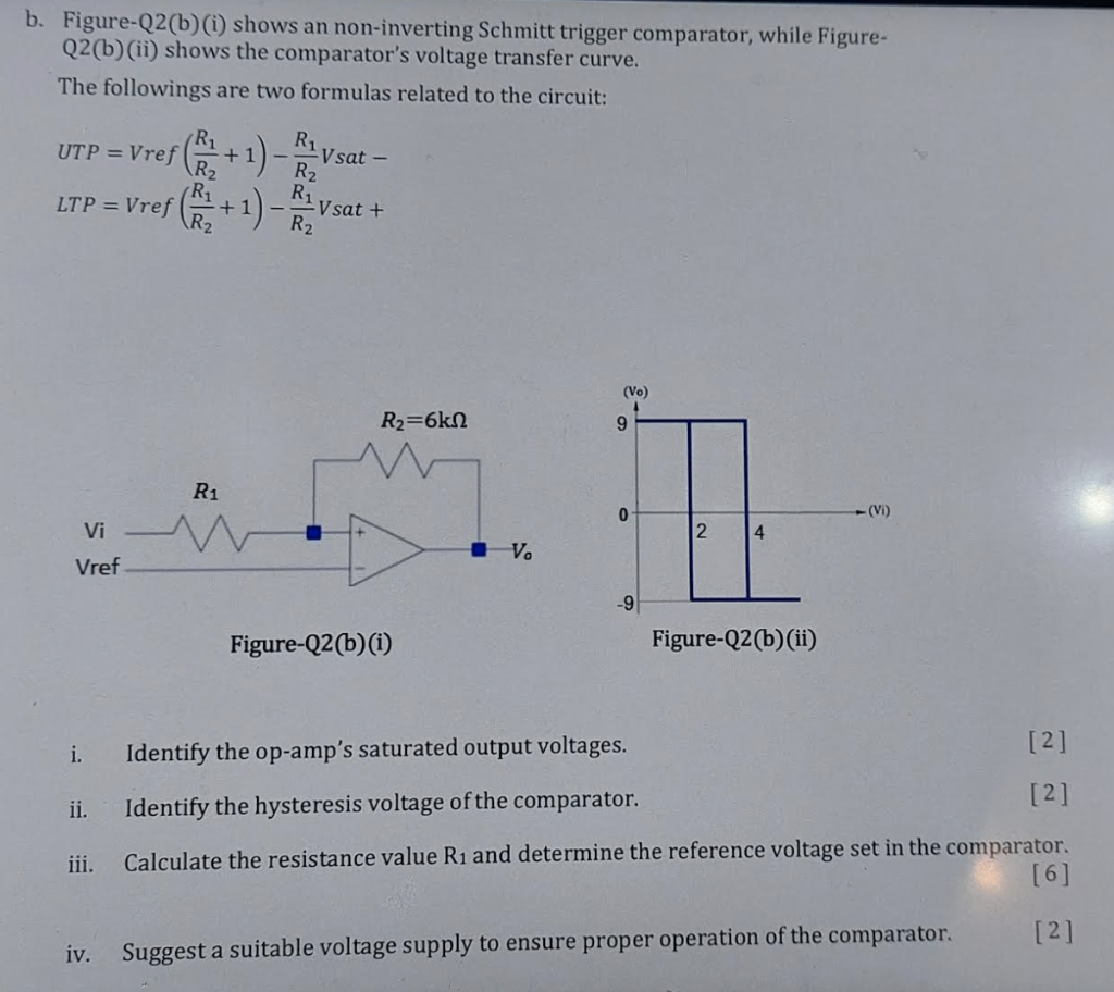 b. Figure-Q2(b)(i) shows an non-inverting Schmitt trigger comparator, while FigureQ2(b) (ii) shows the comparators voltage t