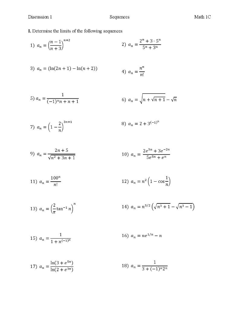 Solved Discussion 1 Sequences Math 1C I. Determine the | Chegg.com