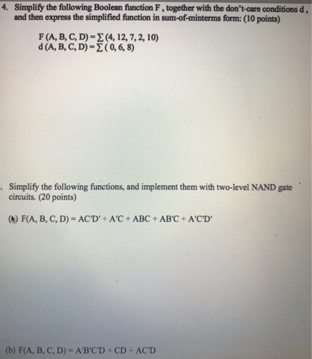 Solved 4. Simplify The Following Boolean Function F,together | Chegg.com