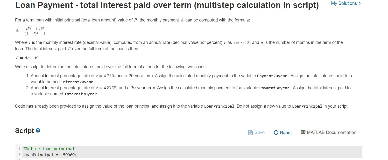 Solved My Solutions Loan Payment - total interest paid over | Chegg.com