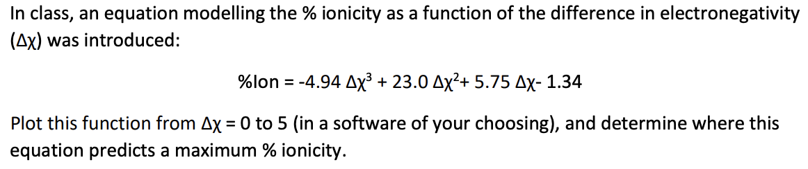Solved In class, an equation modelling the \% ionicity as a | Chegg.com