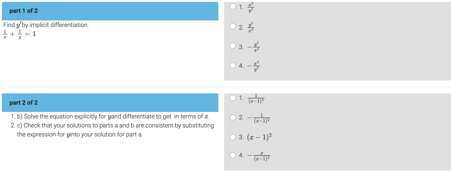 Solved . 1. part 1 of 2 o 2. Find y by implicit | Chegg.com