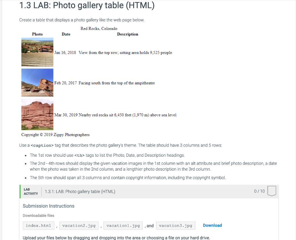 Solved: 1.3 LAB: Photo Gallery Table (HTML) Create A Table... | Chegg.com