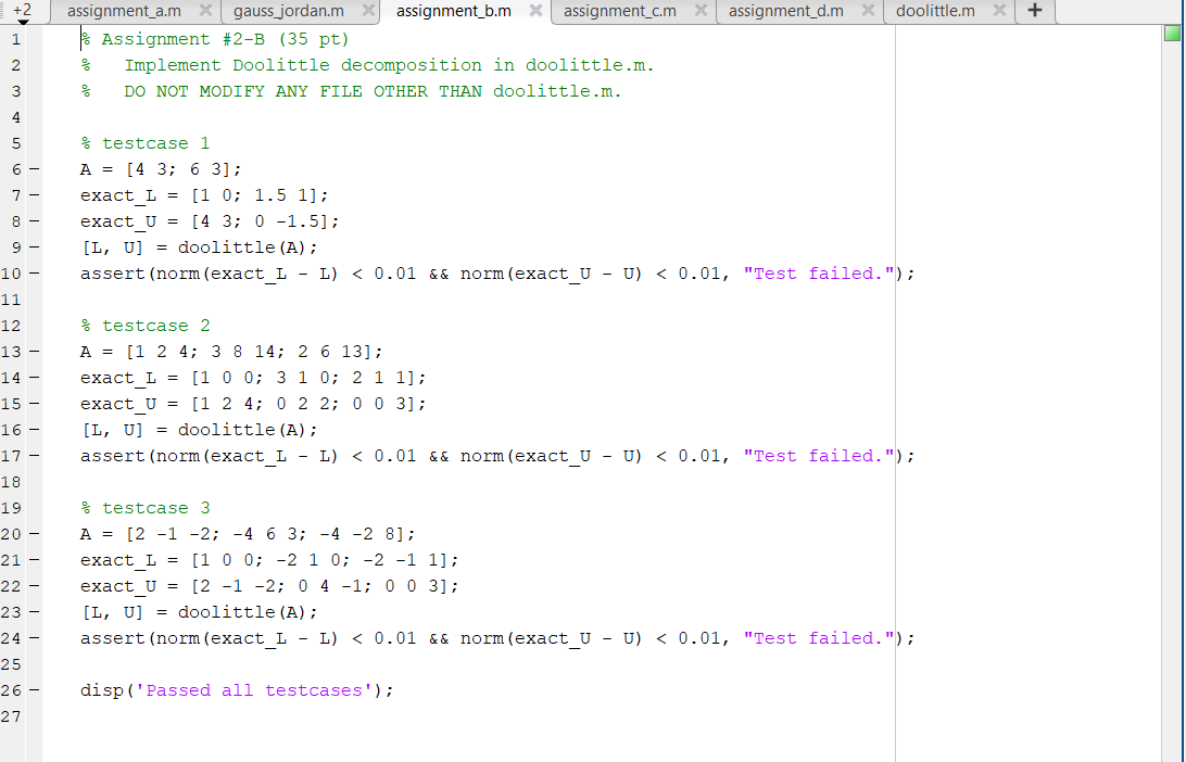 Solved +2 assignment_d.m X doolittle.m 1 assignment_a.m | Chegg.com