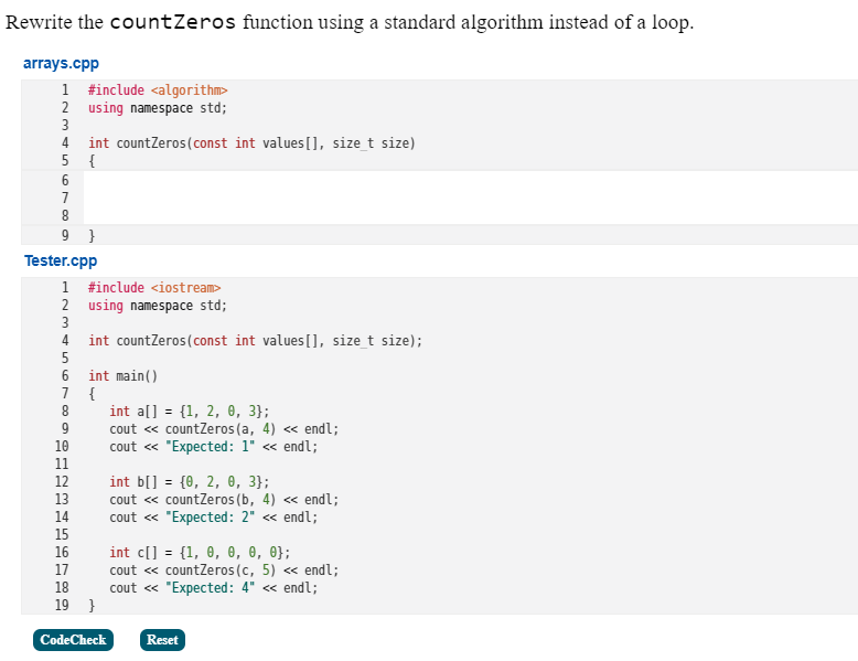 Solved Rewrite the countZeros function using a standard | Chegg.com