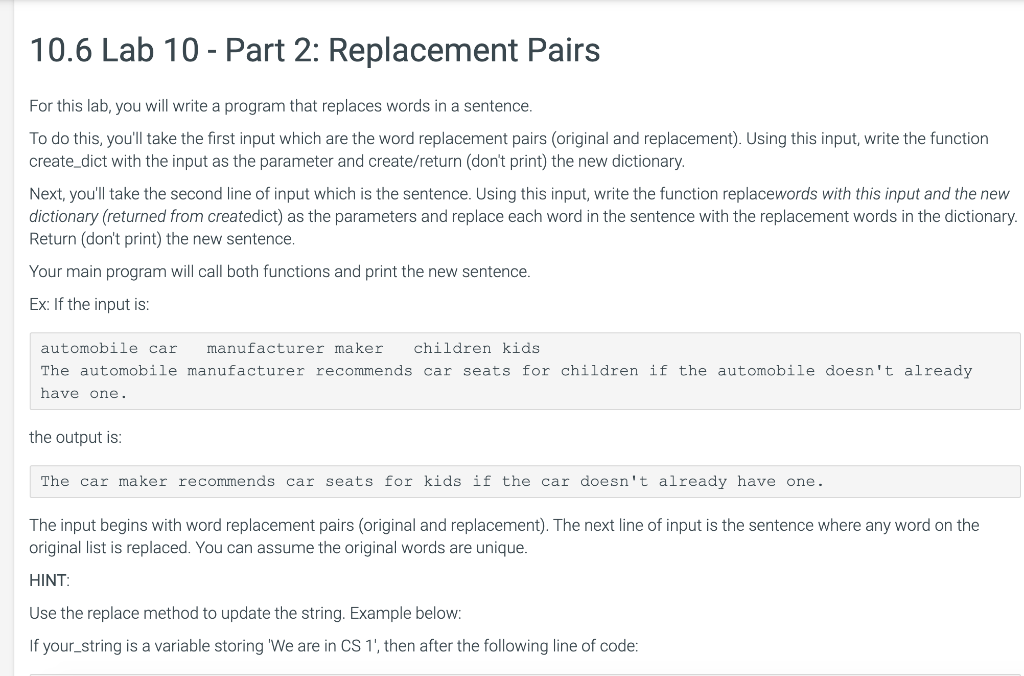 Solved 10.6 Lab 10 - Part 2: Replacement Pairs For this lab