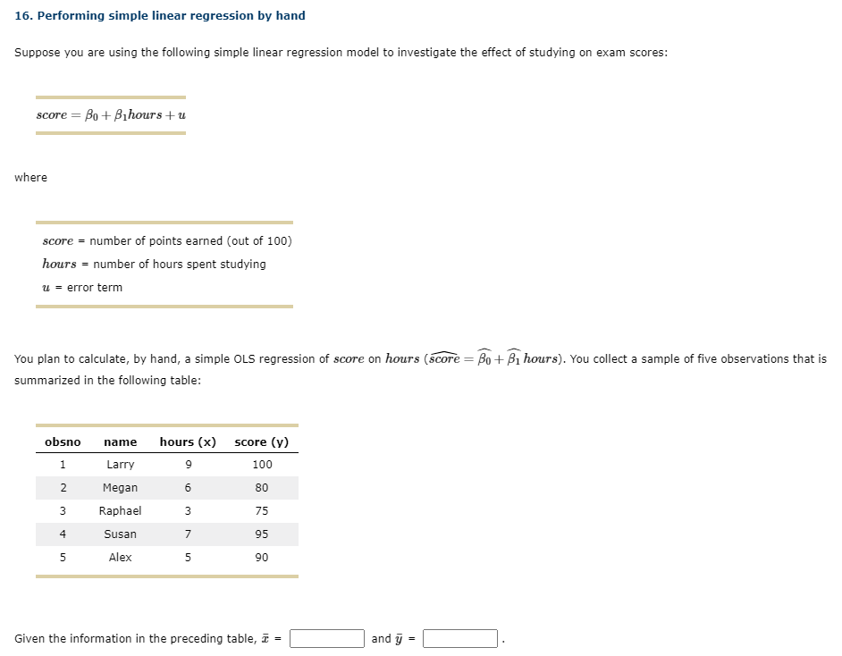 Solved 16. Performing Simple Linear Regression By Hand | Chegg.com