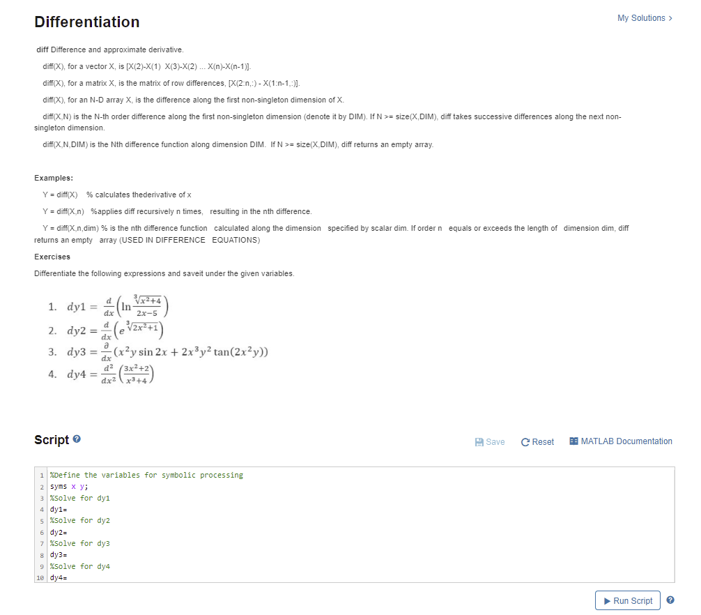 Solved Differentiation My Solutions > diff Difference and | Chegg.com
