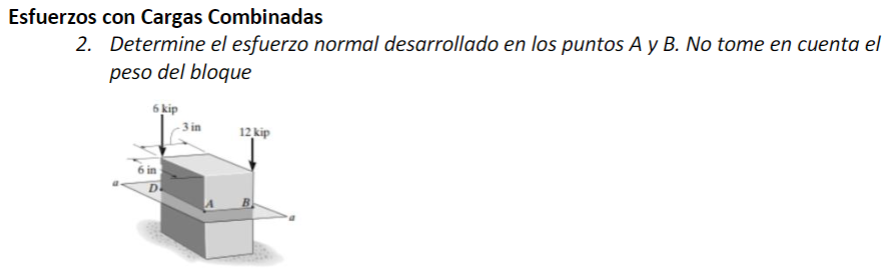 Esfuerzos con Cargas Combinadas 2. Determine el esfuerzo normal desarrollado en los puntos \( A \) y B. No tome en cuenta el