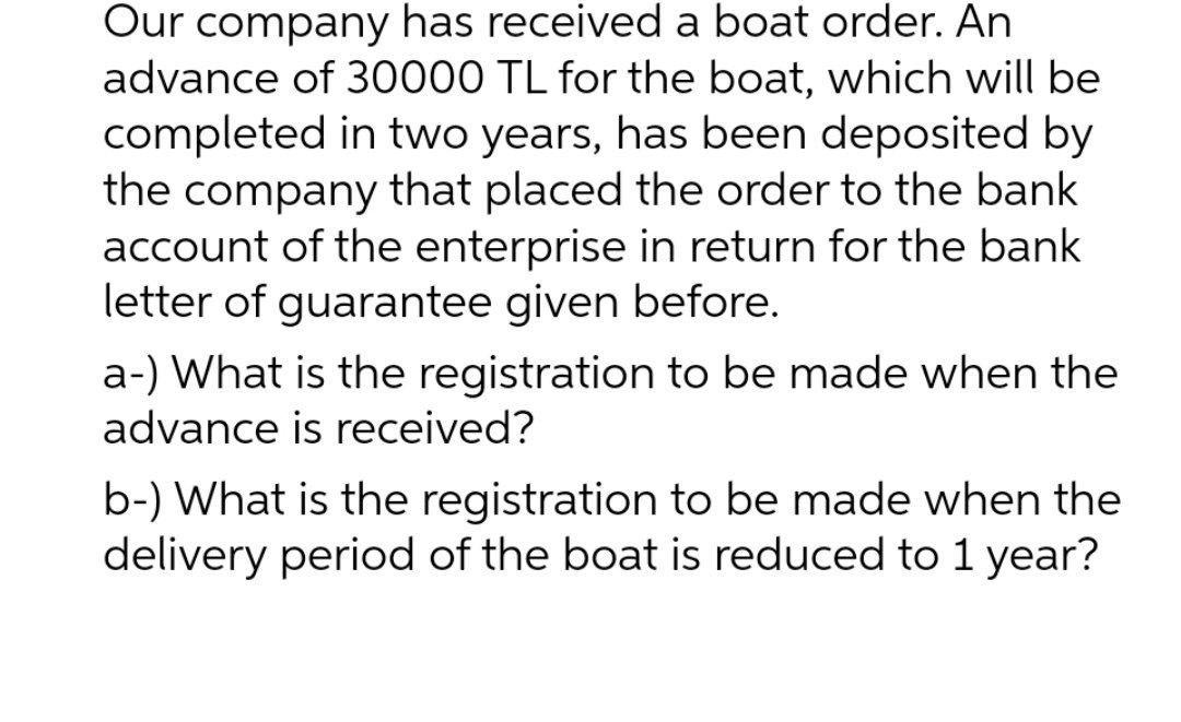 Solved Our Company Has Received A Boat Order An Advance Of Chegg