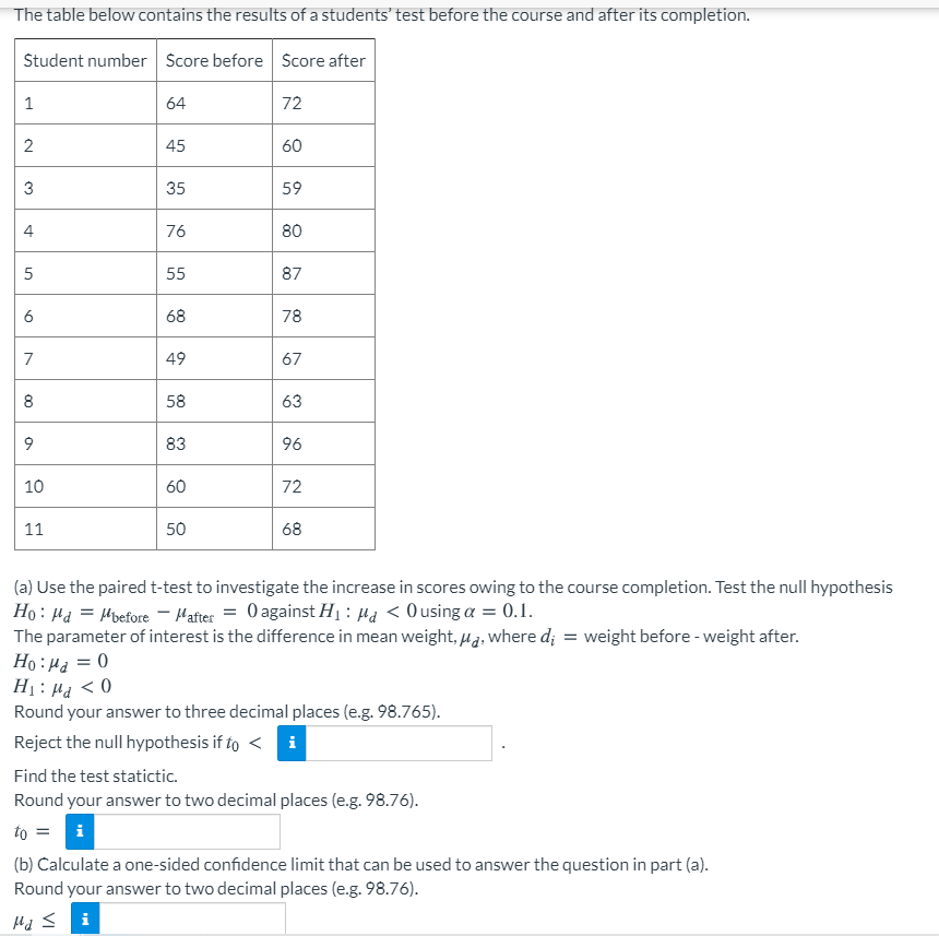 Solved The table below contains the results of a students' | Chegg.com